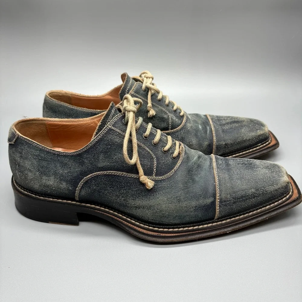 Stefano Branchini Mens 8.5 Dress Shoe Distressed Blue Leather Square Toe Oxfords